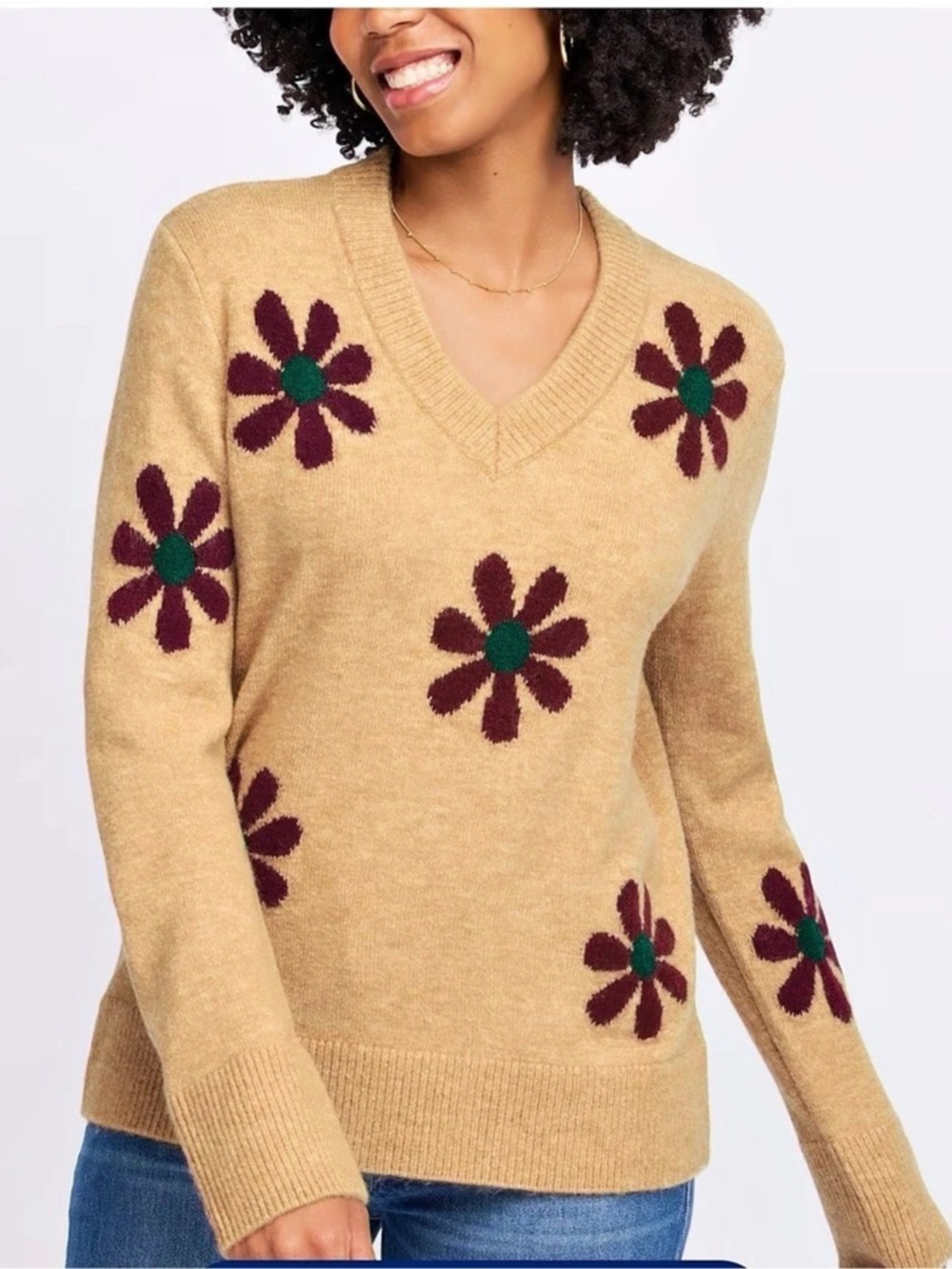 CeCe Flower Pattern V-Neck Cardigan / Pullover Sweater Floral Sweater Brown &